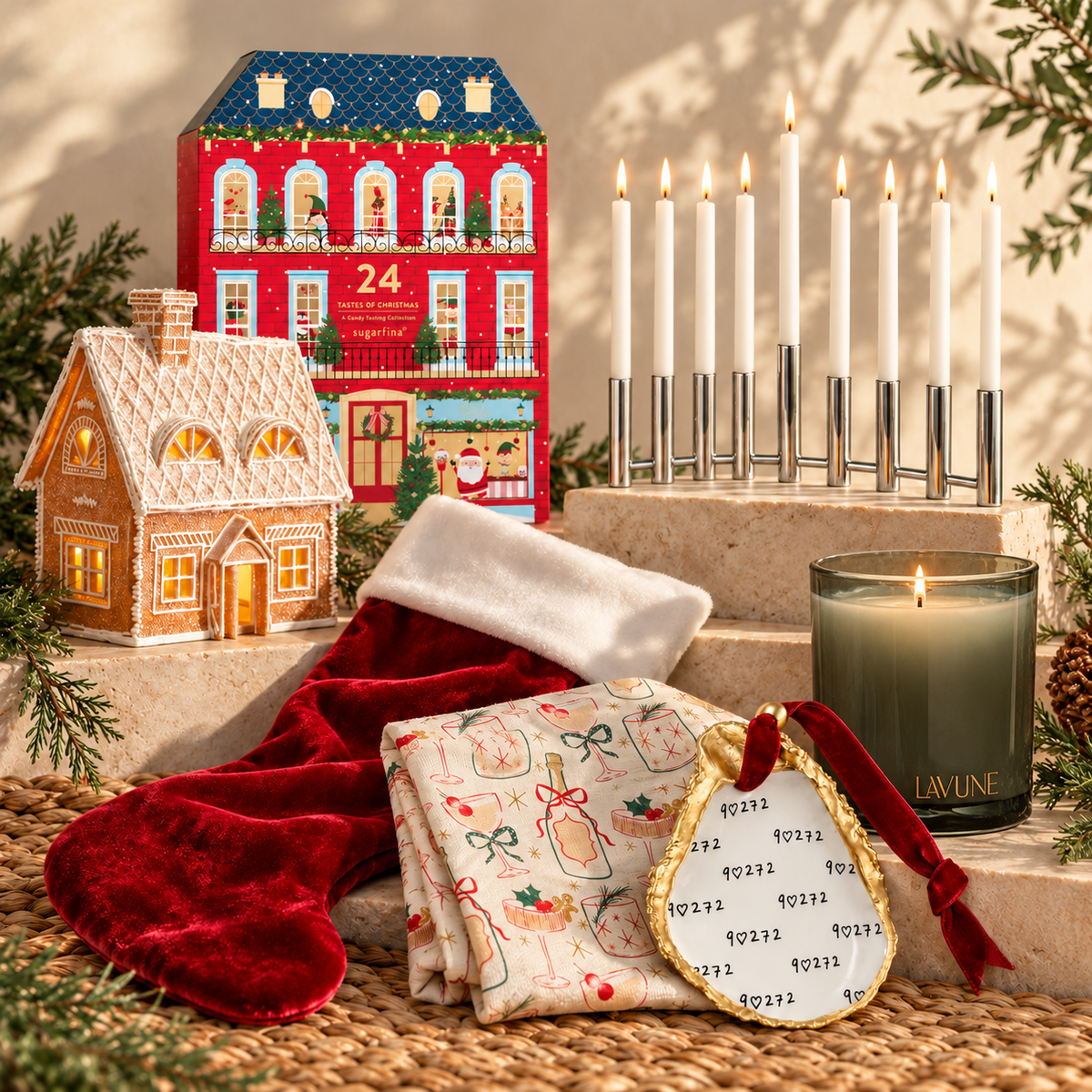Holiday gifts with a silver Hanukkah menorah, gingerbread house, advent calendar, stocking, tea towel, Pali shell ornament and candle