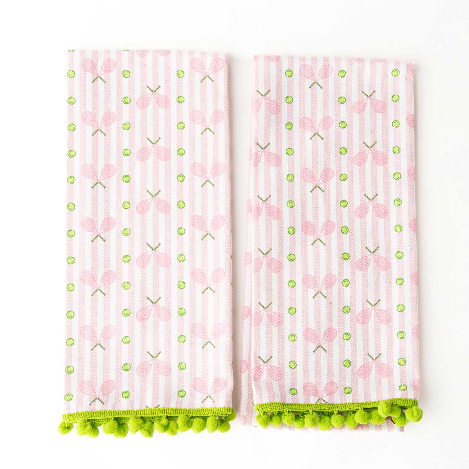Pink Tennis Stripe Pom-Pom Cotton Towel - Set of 2