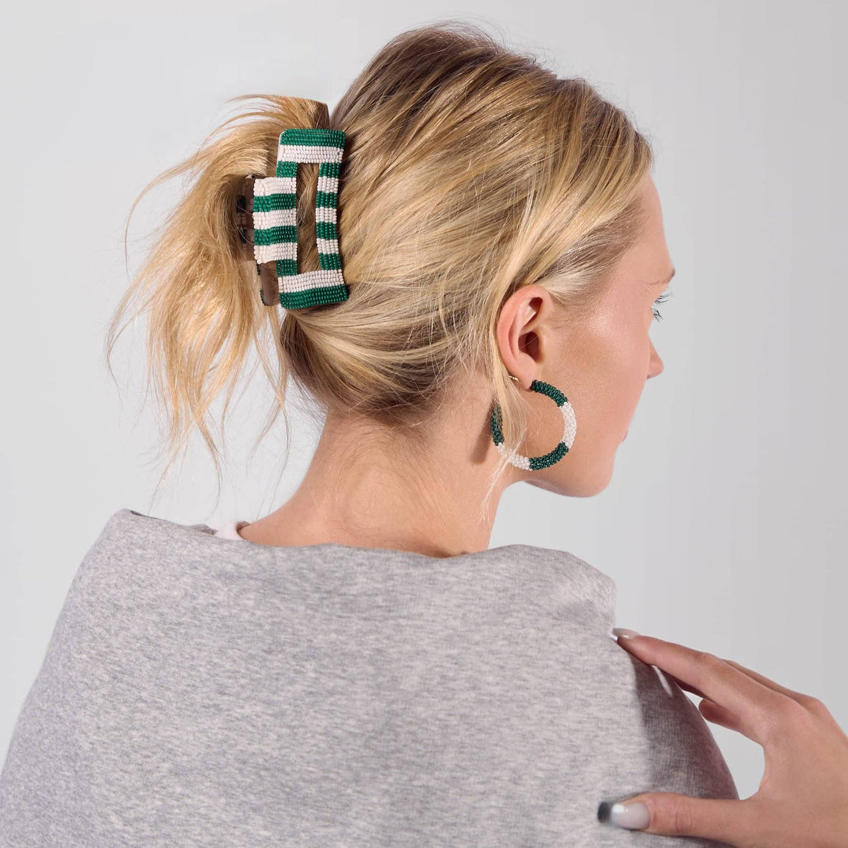 Game Day Striped Beaded Hair Claw Clip Green + White