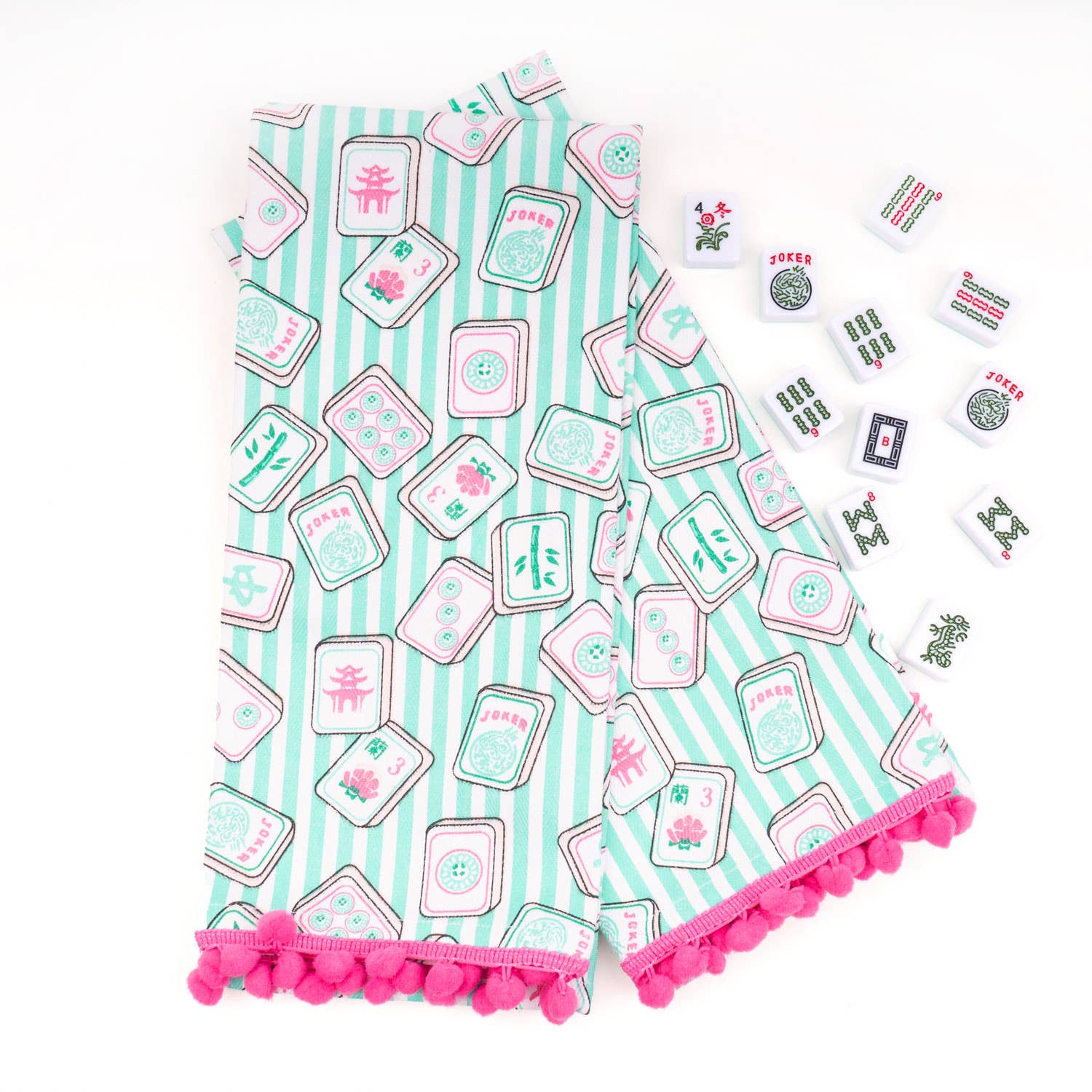 Mahjong Stripe Pom-Pom Cotton Kitchen Towel - Set of 2