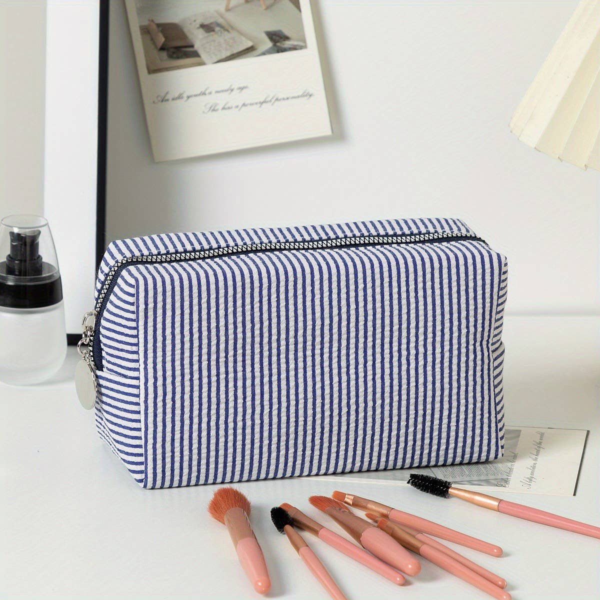 Personalized Embroidered Striped Seersucker Cosmetic Bag