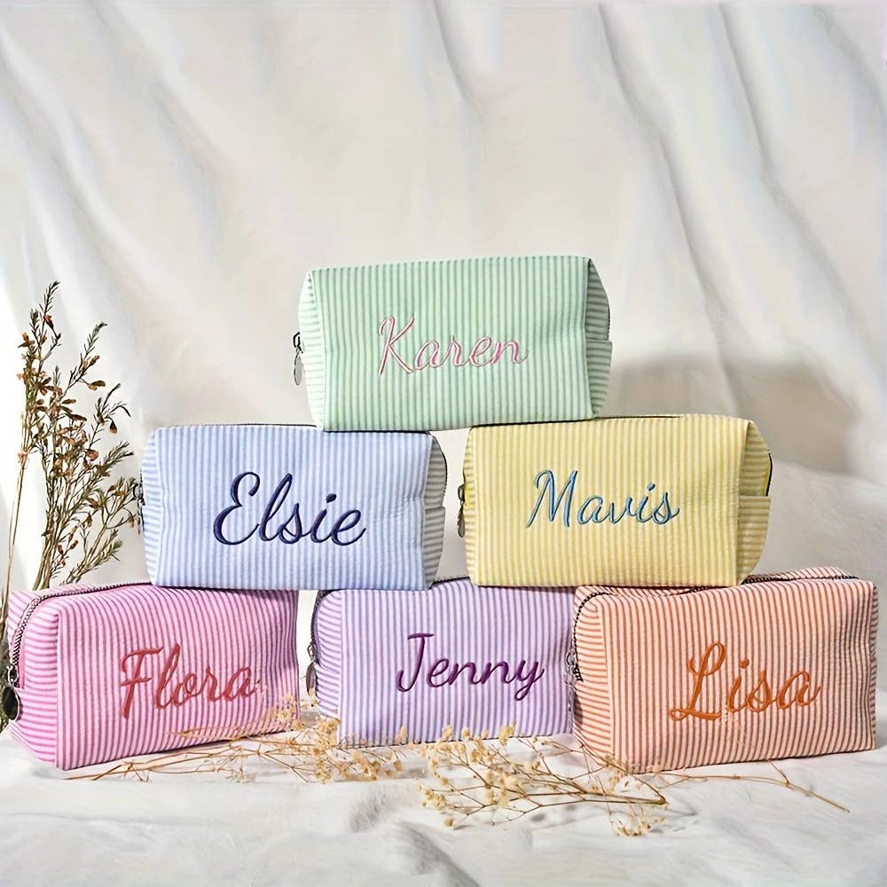 Personalized Embroidered Striped Seersucker Cosmetic Bag