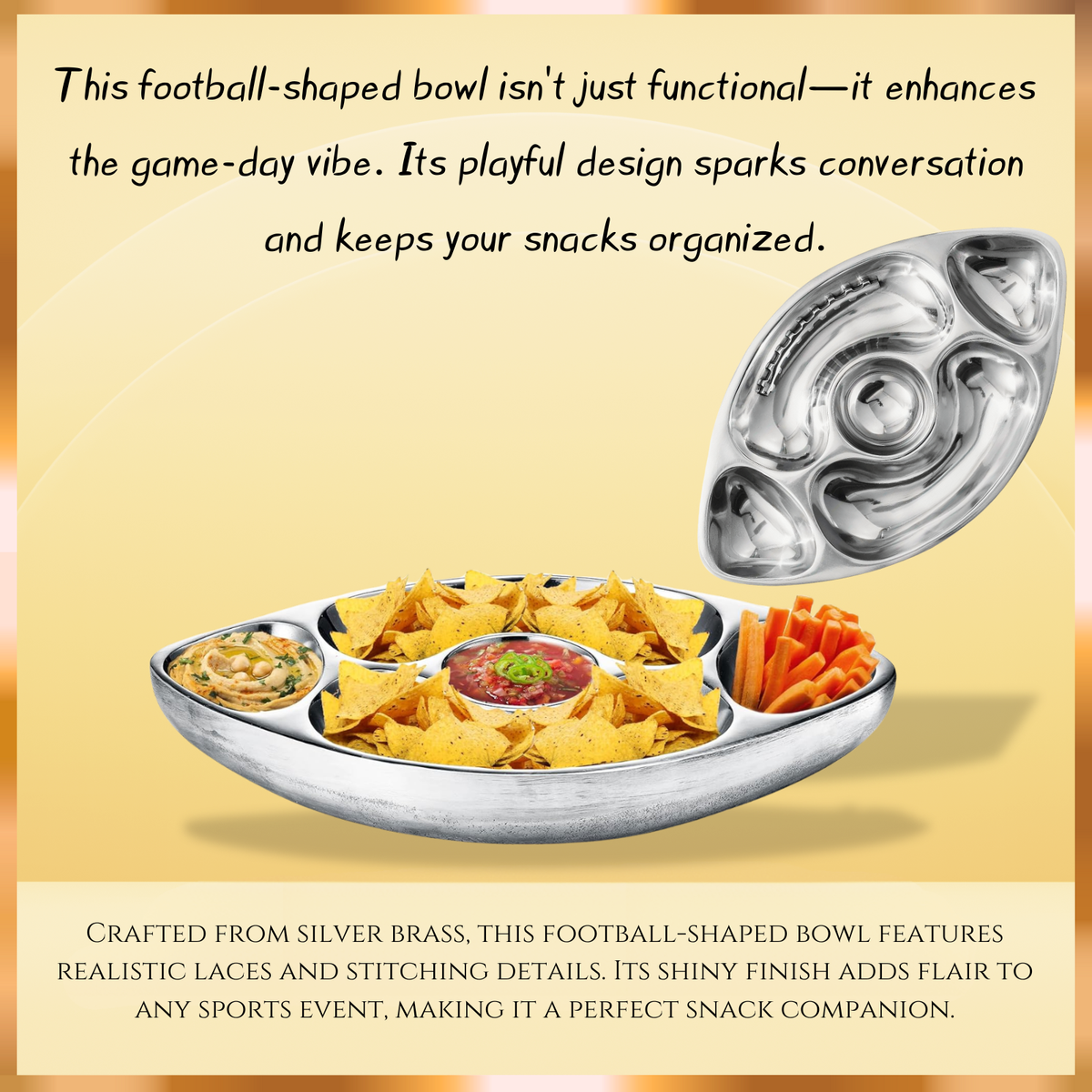 Football Chip and Dip Serving Snack Bowl, Silver Brass