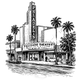 Set of black and white illustrations including a beach scene, a theater, a church, and a bus.