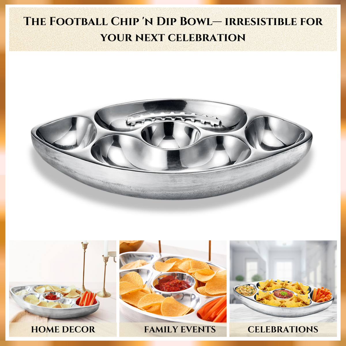 Football Chip and Dip Serving Snack Bowl, Silver Brass