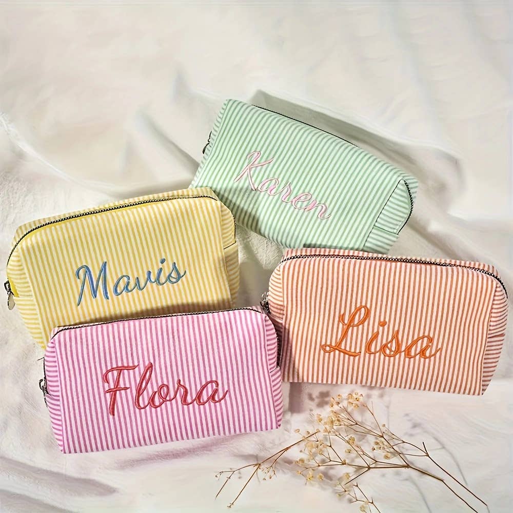 Personalized Embroidered Striped Seersucker Cosmetic Bag
