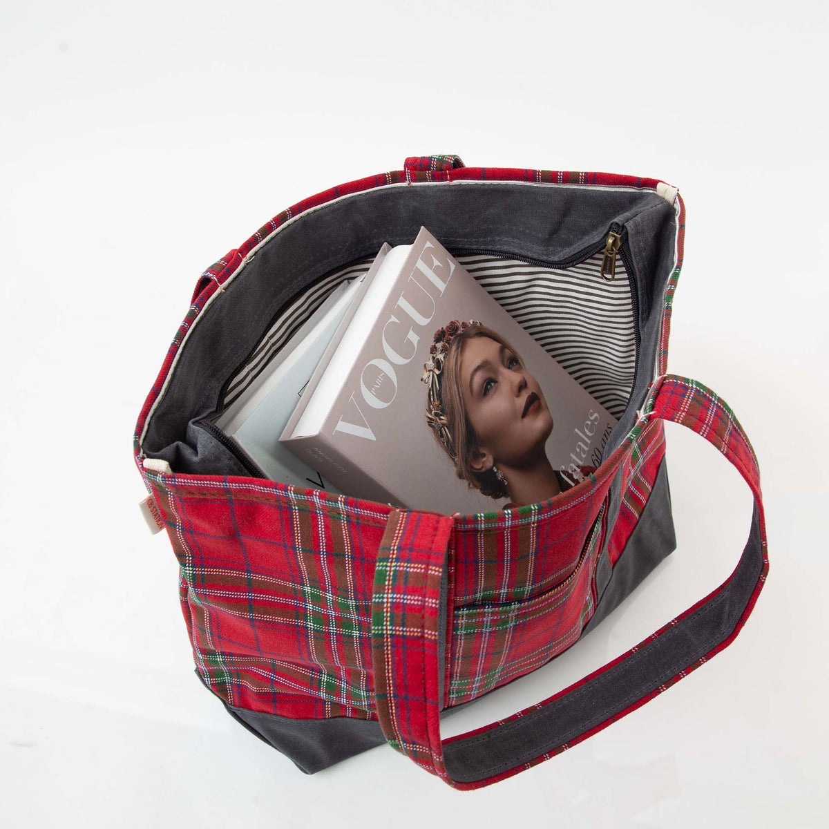 Plaid with Slate Waxed Trim Medium Tote - Red