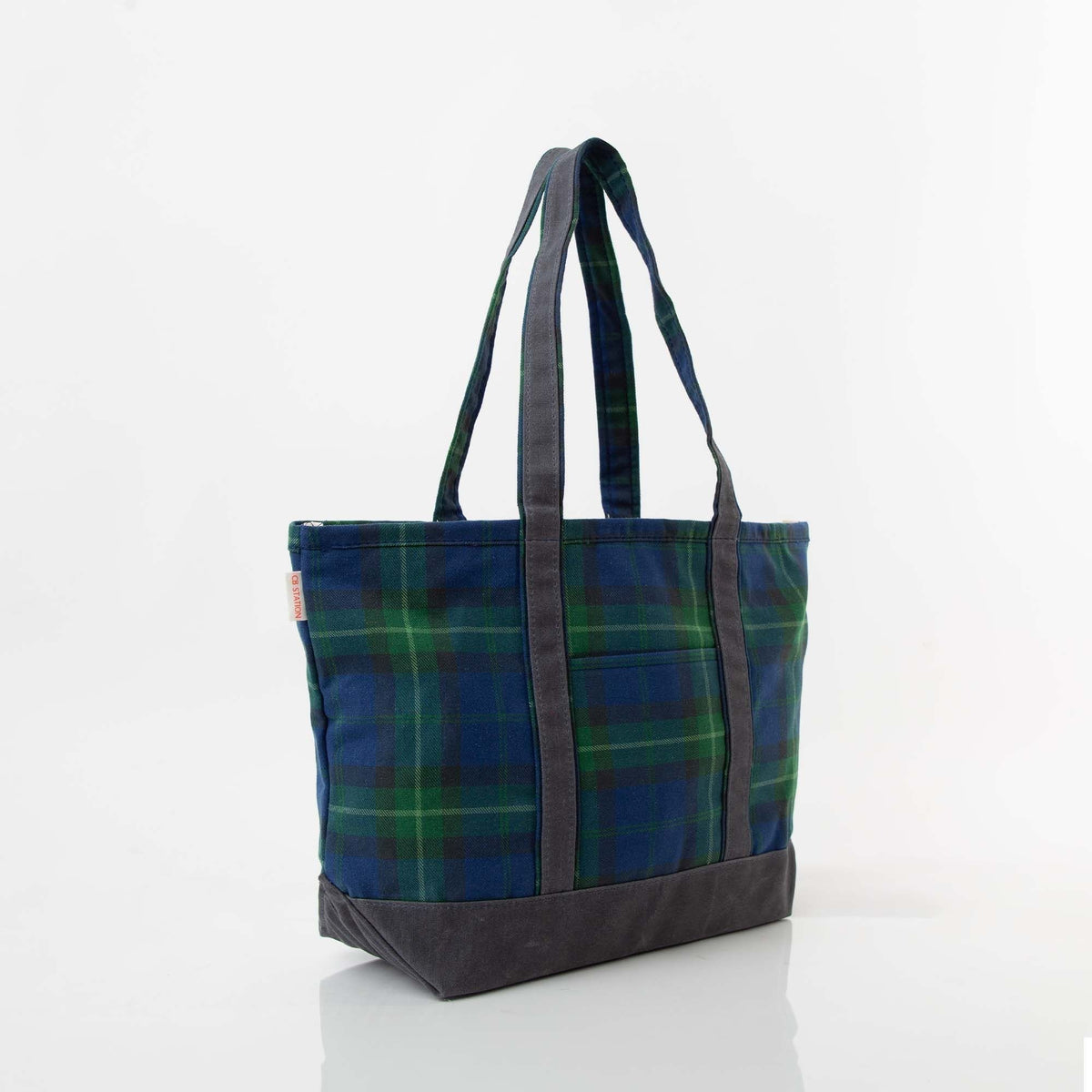 Plaid with Slate Waxed Trim Medium Tote - Blue