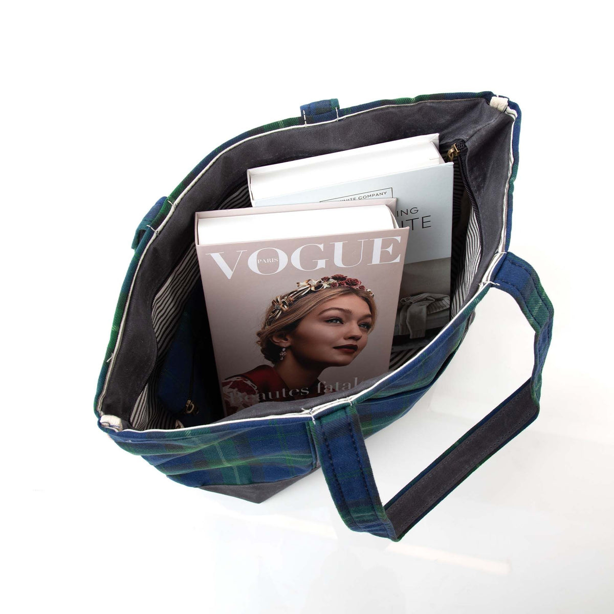 Plaid with Slate Waxed Trim Medium Tote - Blue