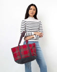 Plaid with Slate Waxed Trim Medium Tote - Red