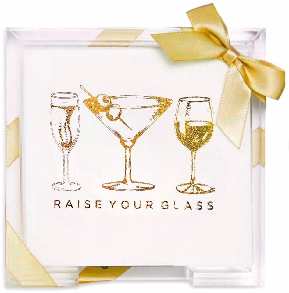 Raise Your Glass Cocktail Napkins in Acrylic Tray